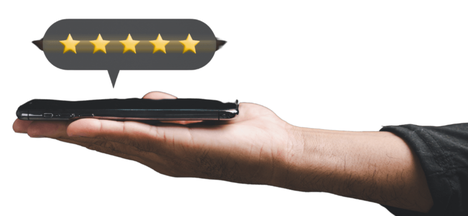 Hand holding a 5 star review